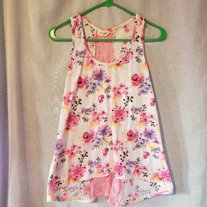 Free Kisses size M sleeveless tank top pink and neon floral on white w pink lace